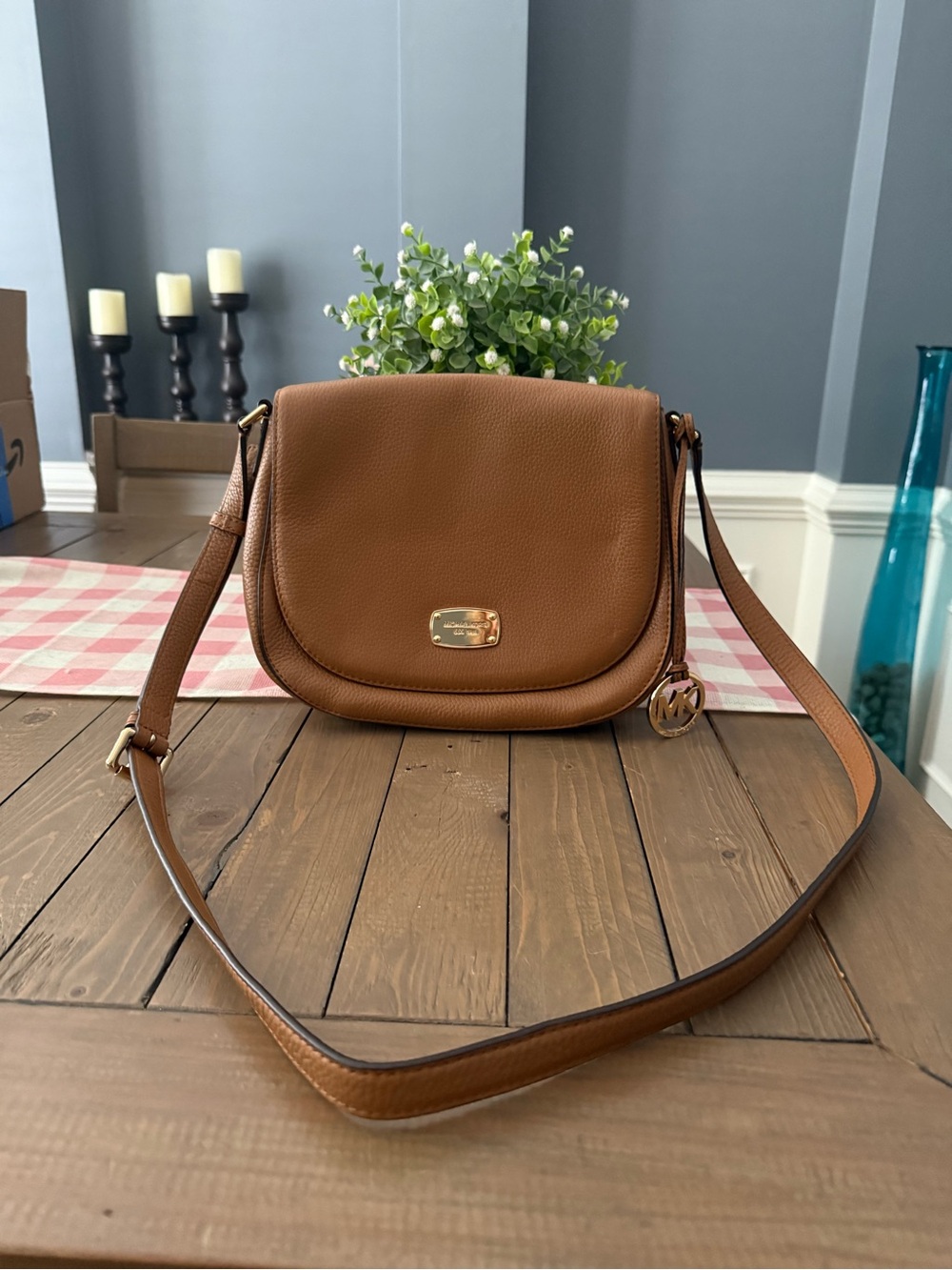 Michael Kors Brown Pebbled Leather Crossbody Bag with Gold Hardware